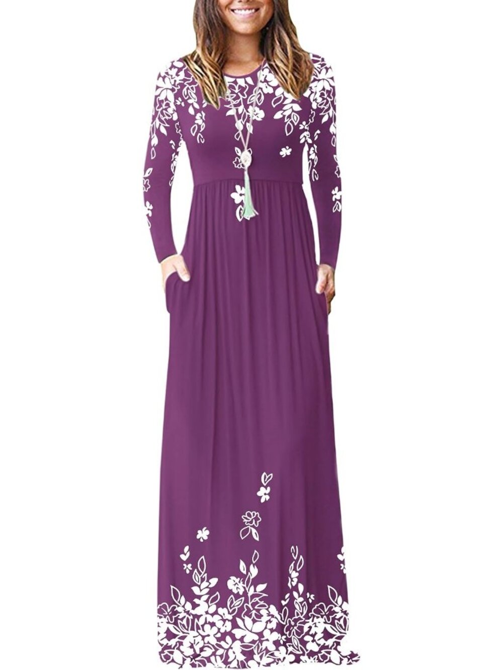 Women's Butterfly Mauve Flower Crew Neck Long Sleeve Pull On Pockets Maxi Dress